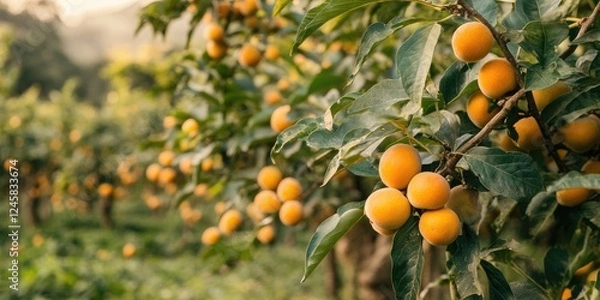 Fototapeta Lush loquat orchard in soft golden hues with ripe round fruit hanging from vibrant green leaves, captured in warm morning light.