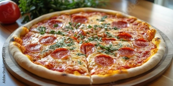 Fototapeta Pepperoni pizza with fresh basil on a wooden platter, positioned centrally with a casual wooden table background and vibrant green herbs nearby.