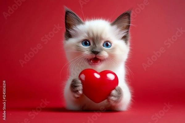 Obraz Birman - my beloved cat. Promotion idea. Cute birman baby feline with companion animal toy red heart - sign of love, funny greeting card. Valentine animal poster. Valentine's cat theme.