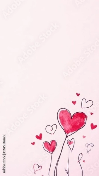 Fototapeta Flat Pink Paper Background with Multicolored Outlined Hearts, Perfect for Greeting Posters, Banner Templates, or Social Media Posts for Celebrations and Events. 