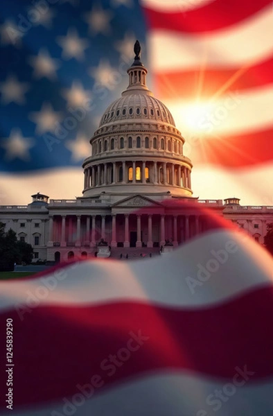 Fototapeta US Flag and Capitol. Washington D.C.