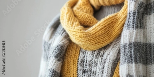 Fototapeta Cozy knitted scarf and sweater in grey and yellow tones, layered for a trendy winter look, grey check pattern, warm textures focused centrally.