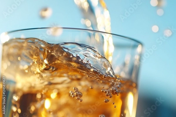 Fototapeta A close-up of a glass filled with sparkling brown liquid.