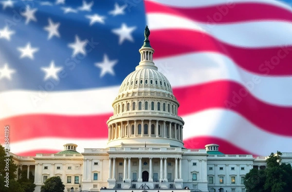 Obraz US Flag and Capitol. Washington D.C.