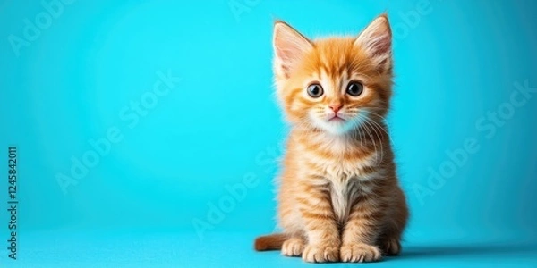 Fototapeta Cute orange tabby kitten with big eyes sitting on a vibrant turquoise background, showcasing its fluffy fur and playful expression.