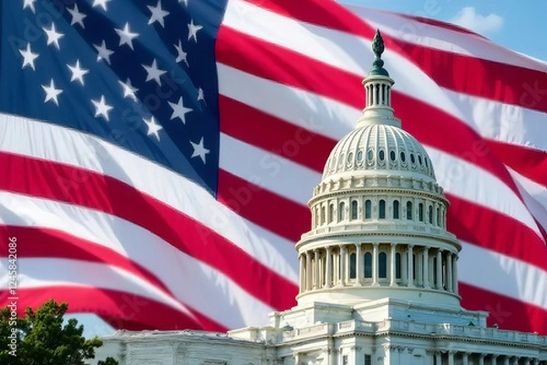 Obraz US Flag and Capitol. Washington D.C.