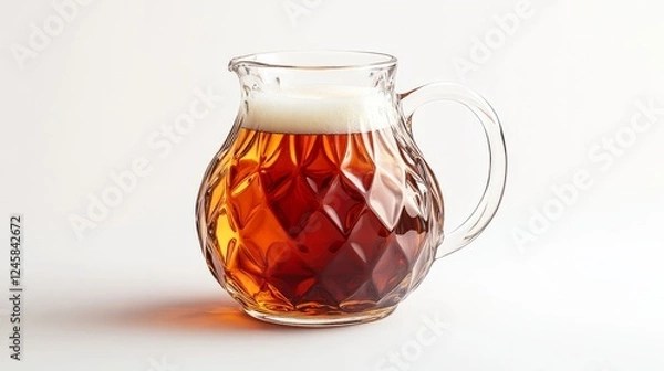 Fototapeta A jug of beer with a rich, dark amber color, isolated on a simple white background, with the foam just starting to settle