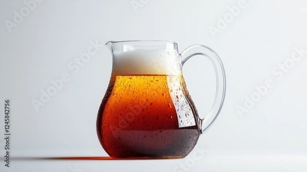 Fototapeta A jug of beer with a rich, dark amber color, isolated on a simple white background, with the foam just starting to settle