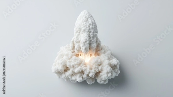 Fototapeta White rocket launching, light, cloud, studio background, startup concept