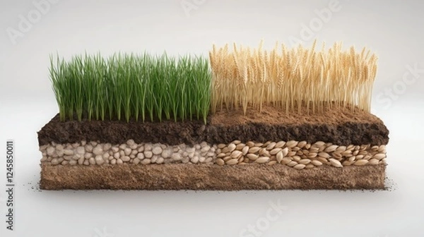 Fototapeta Cross section Soil Layers Showing Wheat Barley and Grass Growth Stages