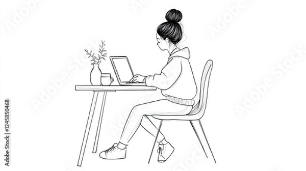 Fototapeta Young woman working on a laptop at a desk with a plant and a cup in a minimalist setting