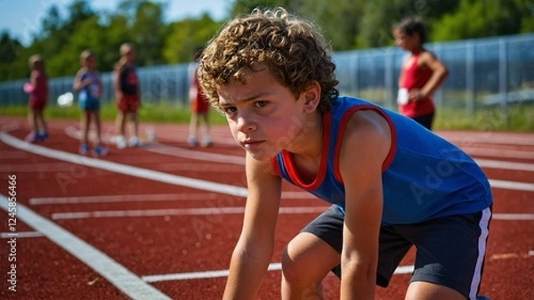 Obraz Young athlete prepares for a race on a sunlit track surrounded by fellow competitors