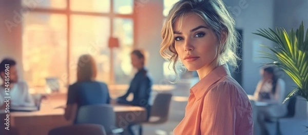 Fototapeta Modern office meeting scene featuring a woman freelancer in a pink shirt with short blonde hair, soft sunlight from large windows, team collaboration in background.