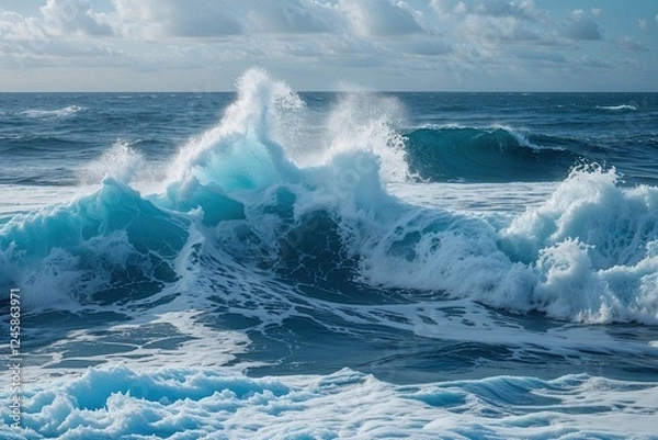 Fototapeta Dynamic Ocean Waves and Blue Foam Surfing Motion