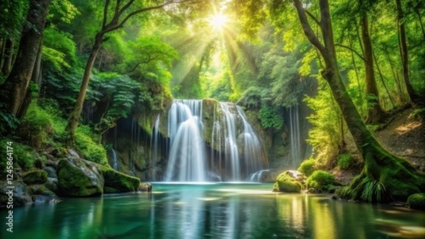 Fototapeta waterfall in dense green forest surrounded by lush vegetation and towering trees, with sunlight filtering through the canopy above, serene, water features
