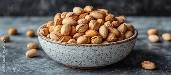 Fototapeta Bowl of raw pistachios in their shells on a textured gray surface showcasing natural snack food appeal and healthy eating options.