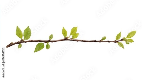Fototapeta Fresh green leaves on a slender branch against a white background, ideal for nature-themed designs