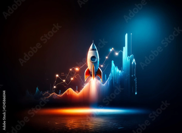 Fototapeta Rocket launching upwards with glowing trails, in front of a vibrant financial chart with bright orange and blue colors against a dark background.