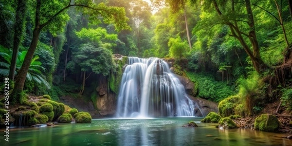 Fototapeta waterfall in forest surrounded by tall trees and greenery, outdoor adventure, scenic spot,  outdoor adventure