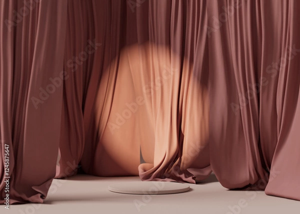 Fototapeta 3D display podium, beige background with pedestal and cloth curtain. Stage with spot light. Beauty, cosmetic product presentation stand. Luxury feminine mockup 3d render advertisement showcase