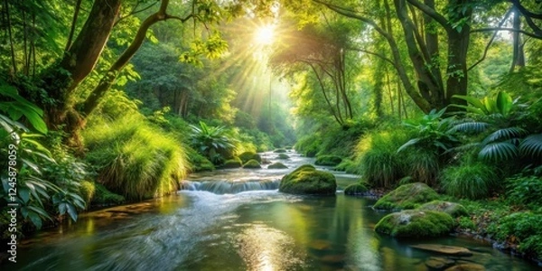 Obraz Stream surrounded by lush green plants with sunlight filtering through leaves and water rippling gently in the foreground, foliage, outdoor