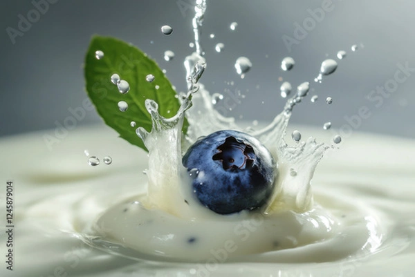 Fototapeta A blueberry diving into a pool of yogurt, creating playful splashes