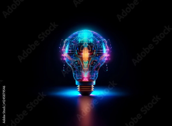 Obraz A vibrant light bulb glowing with colorful circuit patterns and lights, illuminated against a dark background. The bulb radiates a sense of innovation and bright ideas.