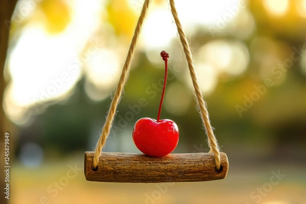 Fototapeta A cherry perched on a swing made of licorice, swaying in the breeze