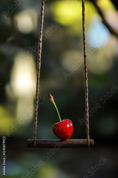 Fototapeta A cherry perched on a swing made of licorice, swaying in the breeze