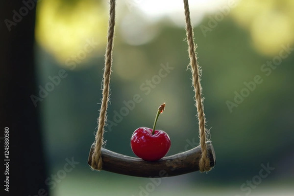 Fototapeta A cherry perched on a swing made of licorice, swaying in the breeze