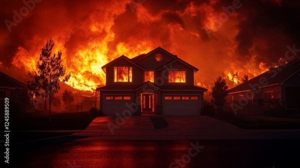 Obraz Flames engulf an urban neighborhood as a fierce wildfire rages on, highlighting the urgent need for fire safety and community resilience