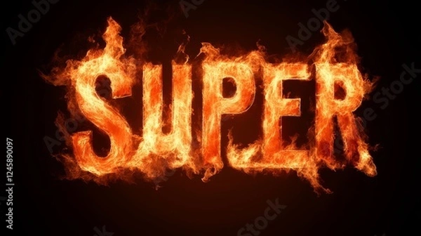Obraz Fiery text depicting the word super in vibrant flames against a dark backdrop creates an intense visual impact, resonating with power and energy