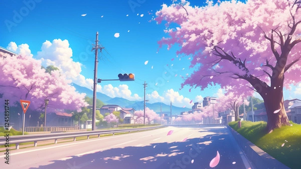 Obraz 桜が舞い散る、良く晴れた街並みのイラスト