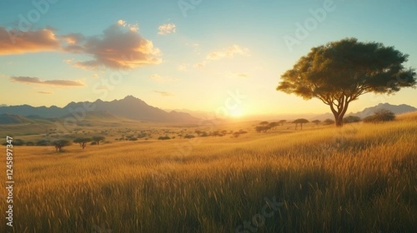 Fototapeta Sunrise over serene landscape open field nature view tranquility