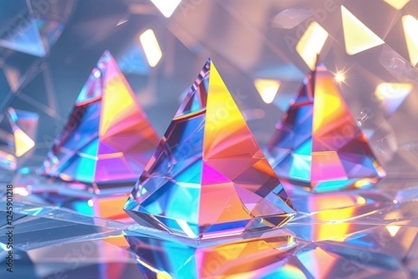 Obraz Triangular Holographic Prisms Creating Spectral Light Effects on Clear Background