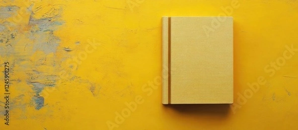 Fototapeta Yellow canvas textured background with a closed book positioned on top, ideal for showcasing design or literary themes.