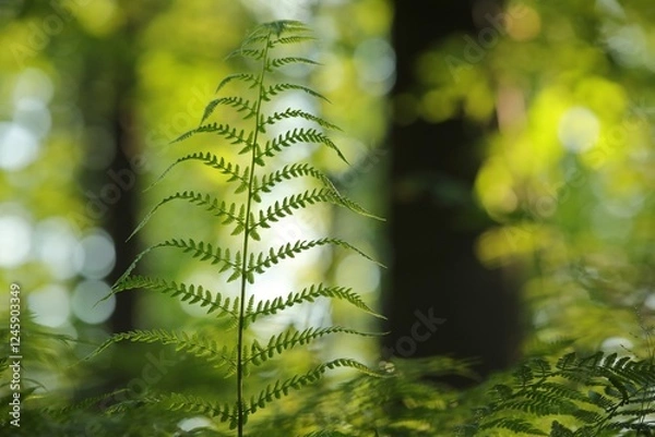 Fototapeta Fern in the forest on a sunny spring morning, June, Poland