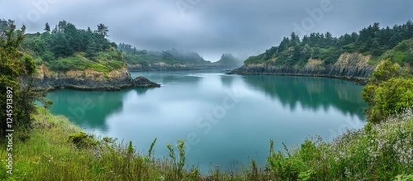 Fototapeta Chapman Cove Reflecting PNW Misty Landscape with Lush Greenery and Tranquil Waters