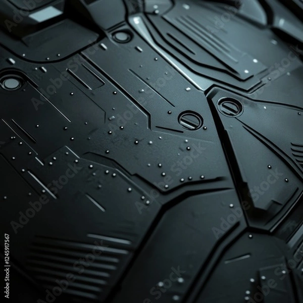Fototapeta Close up of a computer circuit with a futuristic black armor metallic texture and zen papaya background
