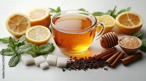 Fototapeta Elegant Cup of Tea with Accompaniments on a White Background