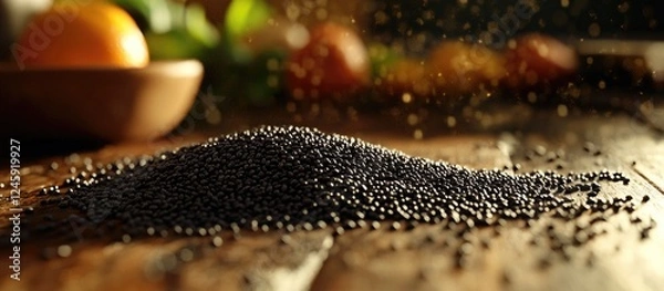 Fototapeta Nutritious Black Chia Seeds Pile on Rustic Wooden Surface with Natural Background Elements