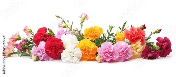 Fototapeta Colorful bouquet of assorted carnations elegantly arranged and isolated on a clean white background for floral design themes.