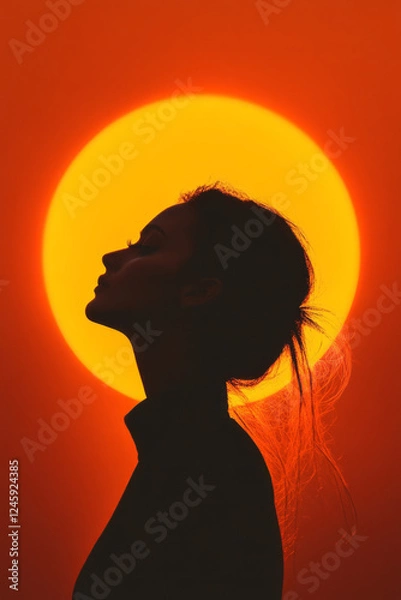 Obraz A warm, backlit shot of a womanâ€™s silhouette framed by an intense sun halo, complemented by