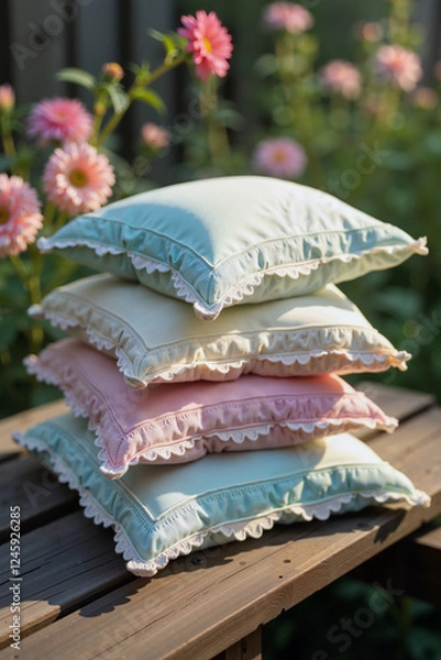 Obraz Delicate lace-trimmed pillowcases stacked on rustic bench, vintage charm