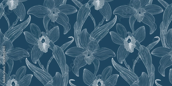 Fototapeta Repeating pattern of stylized, translucent blue flowers with white centers and green leaves on a dark blue background.