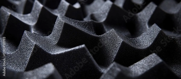 Fototapeta Close up of textured black polystyrene foam surface showing intricate wave patterns and shadows for design or acoustic applications