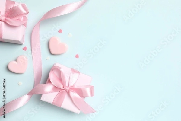 Obraz Beautiful composition with gift boxes and pink hearts on color background