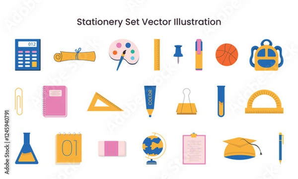 Fototapeta Educational stationery illustration set vector, Colorful set of school stationery and accessories. Vector illustration collection of study tools and learning materials for educational content.