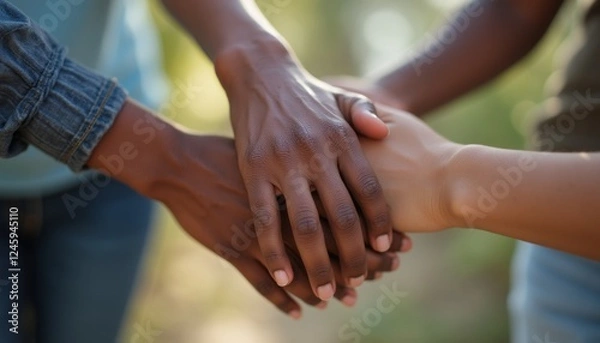 Fototapeta Unity through touch diverse hands coming together in a warm embrace of friendship and support. This image captures the essence of connection, showcasing the beauty of collaboration and togetherness