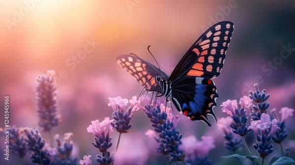 Fototapeta Vibrant butterfly perched on lavender flower capturing the essence of nature s beauty with soft bokeh and space for text overlay